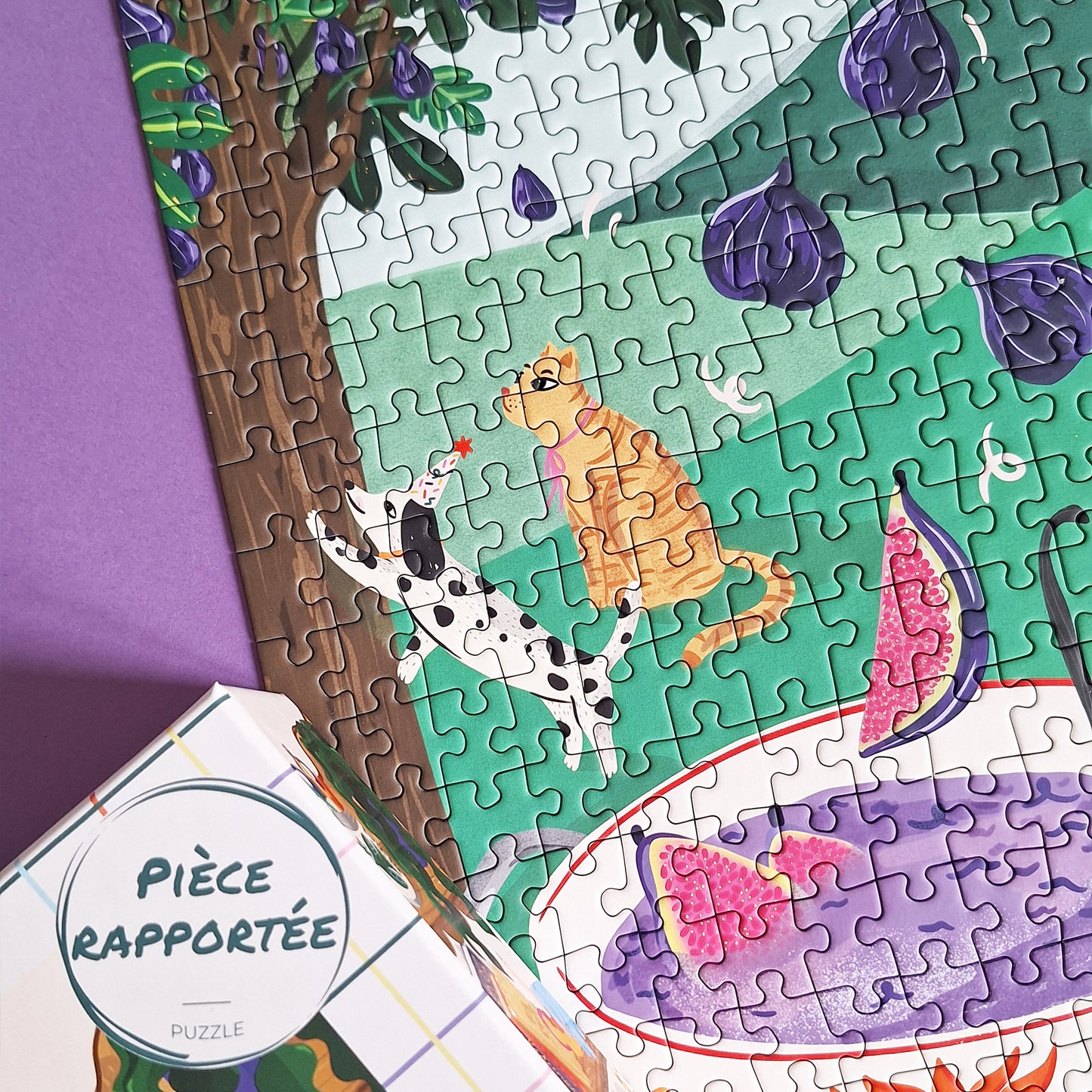 puzzle amandine catz confiture jardin pièce rapportée figue 500 pièces illustration chien chat figue