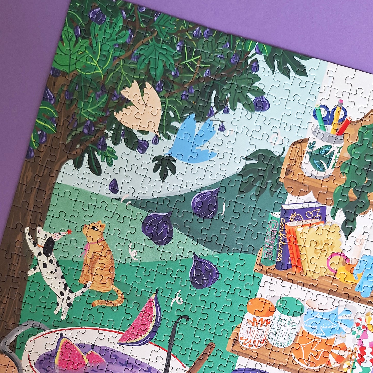 puzzle amandine catz confiture jardin pièce rapportée figue 500 pièces illustration chat chien