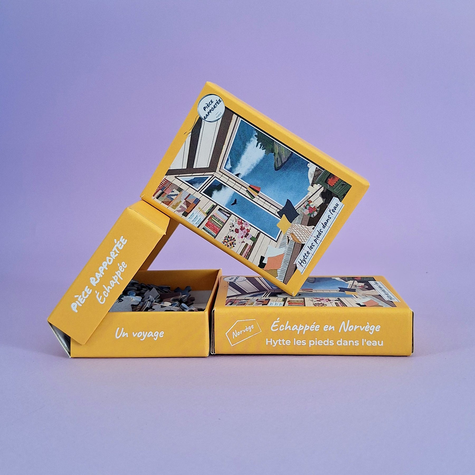mini puzzle norvège hytte les pieds dans l'eau échappée pièce rapportée puzzle voyage 99 pièces