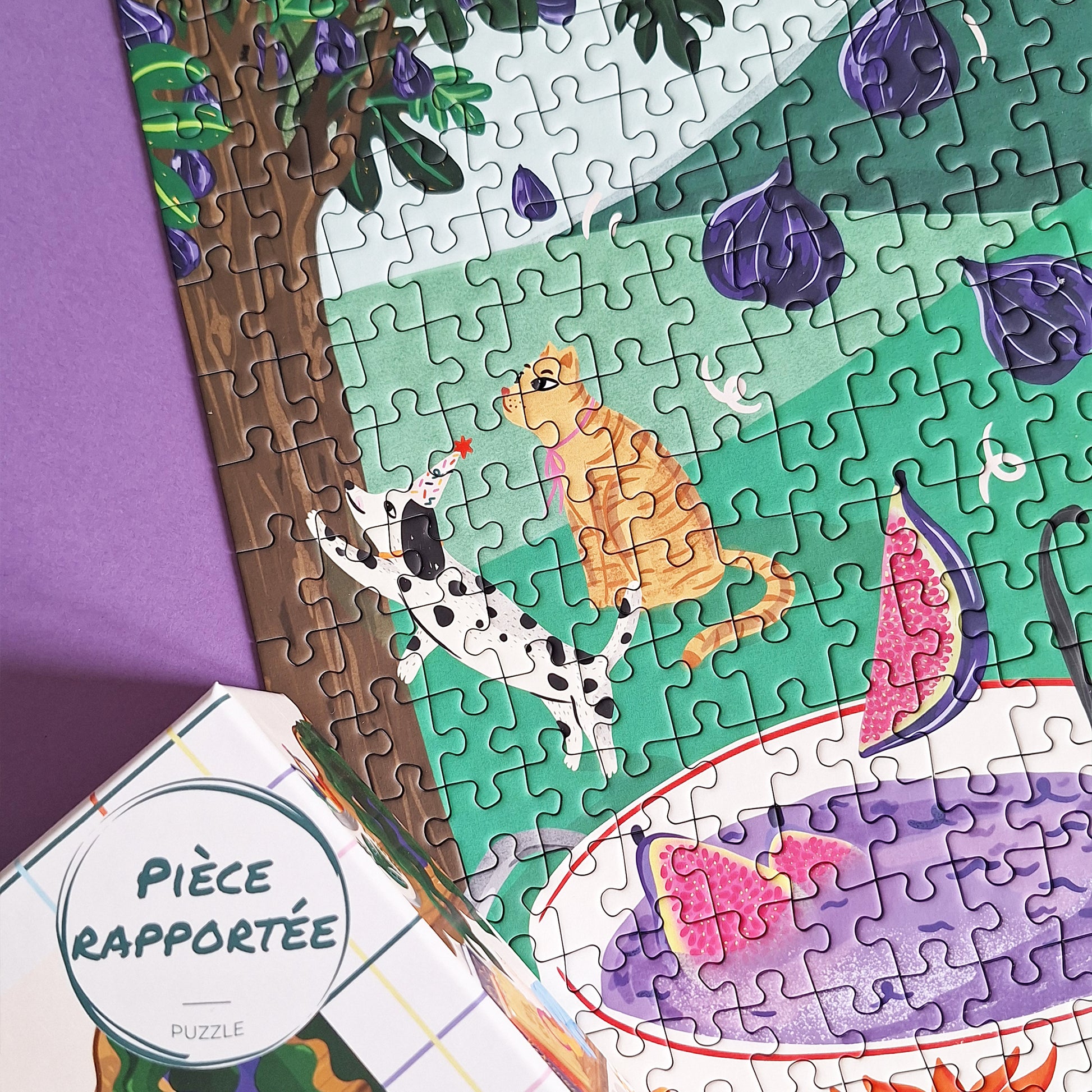 puzzle amandine catz confiture jardin pièce rapportée figue 500 pièces illustration chien chat figue