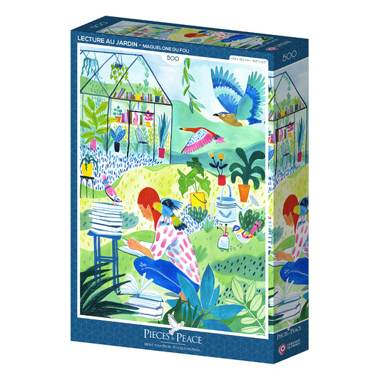 puzzle maguelone du fou lecture au jardin pieces and peace 500 pièces serre livre oiseau
