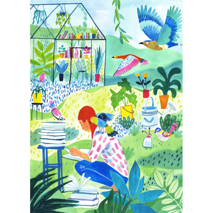 puzzle maguelone du fou lecture au jardin pieces and peace 500 pièces serre livre oiseau made in france